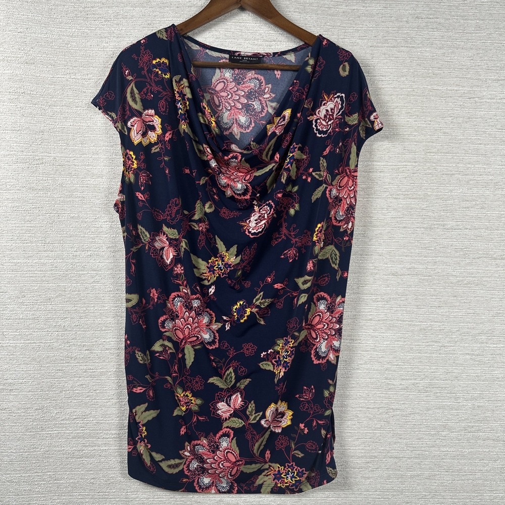 Lane Bryant 18 20 Floral Blouse Cowl Neck Plus Size Career Navy Pink Top Cottage
